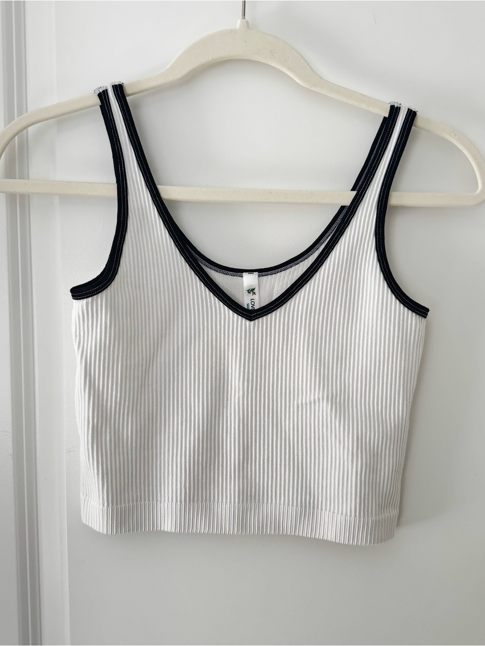 Ribbed V-Neck Tank Crop Top - White with Black Trim
